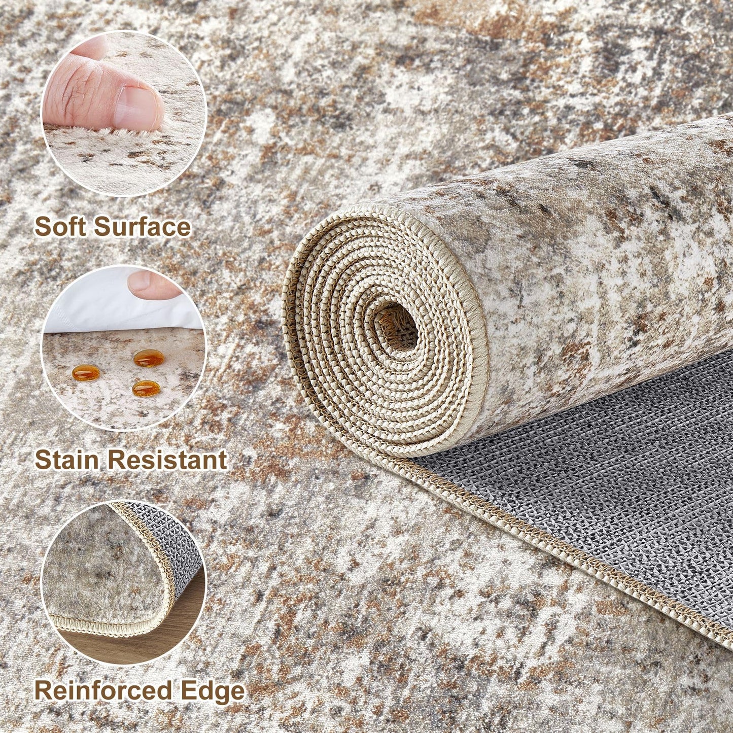 10x14 Area Rugs for Living Room: Washable Large Neutral Abstract Rug Soft Non Slip Stain Resistant Low Pile Indoor Carpet for Bedroom Dining Room Nursery Office Playroom - Brown Grey