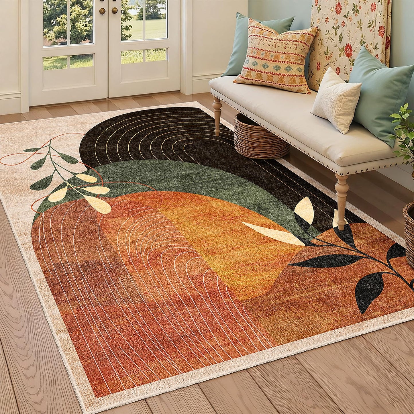 MUJOO 3x5 Washable Rugs Boho Area Rug Low Pile Non Slip Mid Century Modern