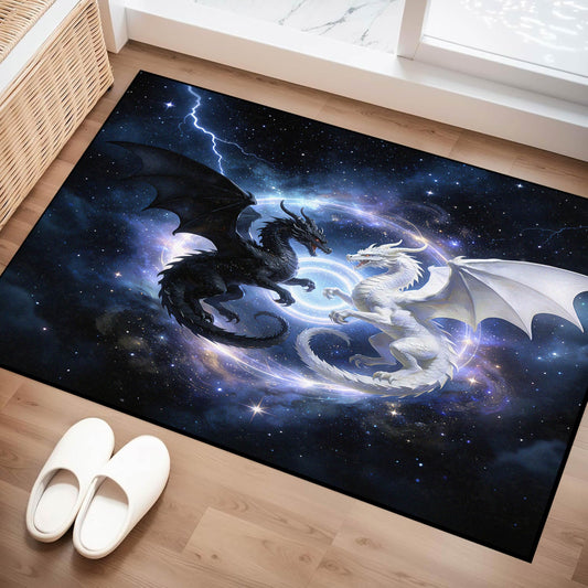 VTKON 2x3 Black and White Dragon Area Rug Washable for Living Room, Indoor Non Slip Fantasy Starry Sky Dragon Print Carpet for Kids Boys Bedroom, Animal Theme Floor Mat Room Decor