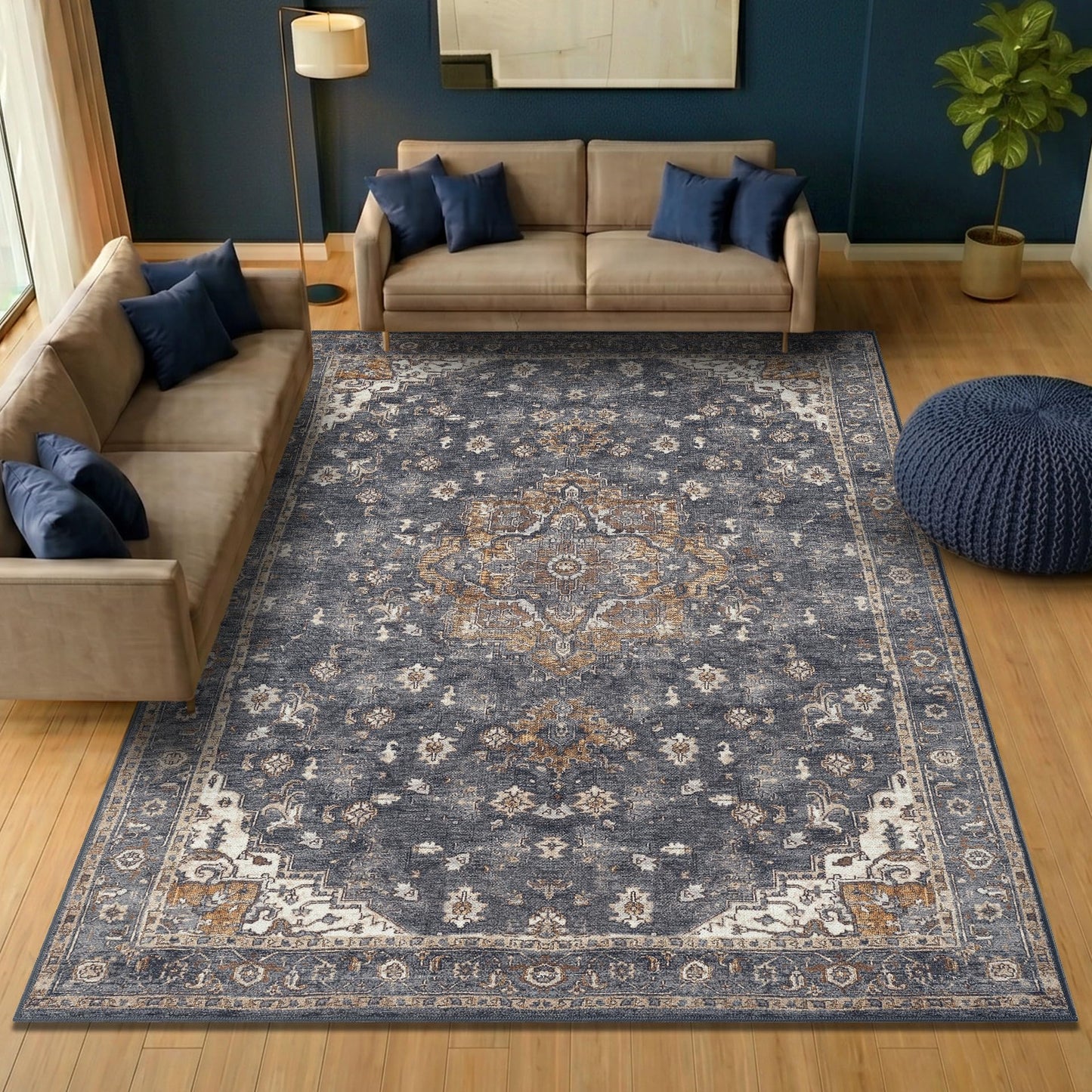 Keen Home Design 6x9 Rug - Machine Washable Area Rug with Non-Slip Backing, Ideal for Living Room, Dining Room, Bedroom - Vintage, Easy Clean, Durable, Low Pile Rug - (6' x 9')