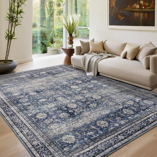 GarveeHome Area Rugs 8x10 Large Vintage Printed Accent with Non-Slip Backing, Stain-Resistant Oriental Living Room Washable Farmhouse Low Pile Rugs for Bedroom, Office, Blue