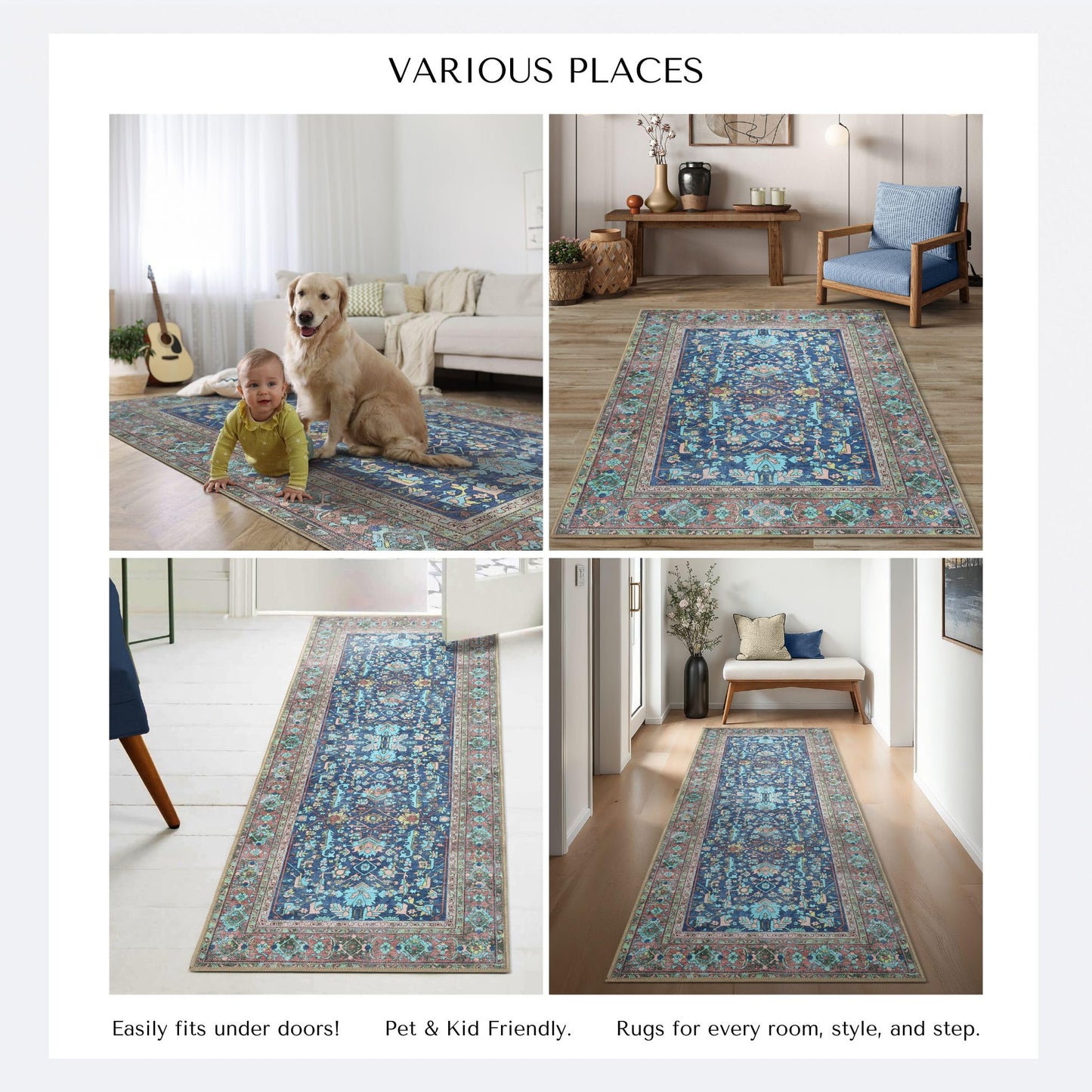 GIONARA Navy Blue Oushak Large Area Rug 8x10 - Washable Boho Rug Vintage Turkish Non-Slip Carpet Non-Shedding Extra Large Area Rugs for Living Room, Dining, Bedroom, Lounge, Farmhouse