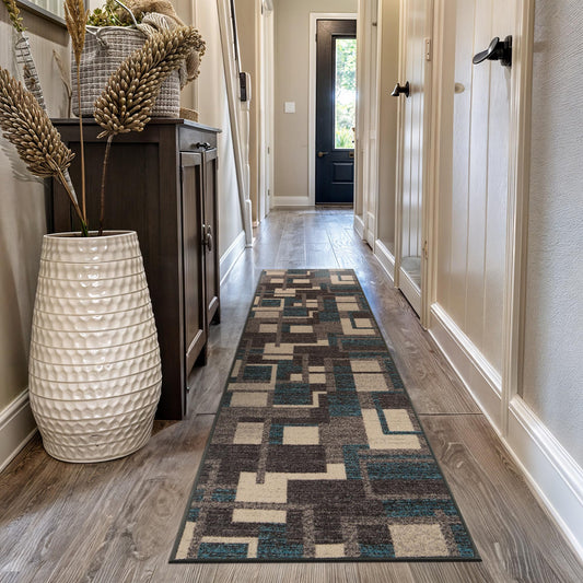 Rugshop Contemporary Geometric Power Loomed Indoor Runner Rug, Cool Slate Abstract Rectangle Design, Non-Slip Backing, Living Room Bedroom Home Office, Easy-Care Spot Clean, 2' x 12' Blue