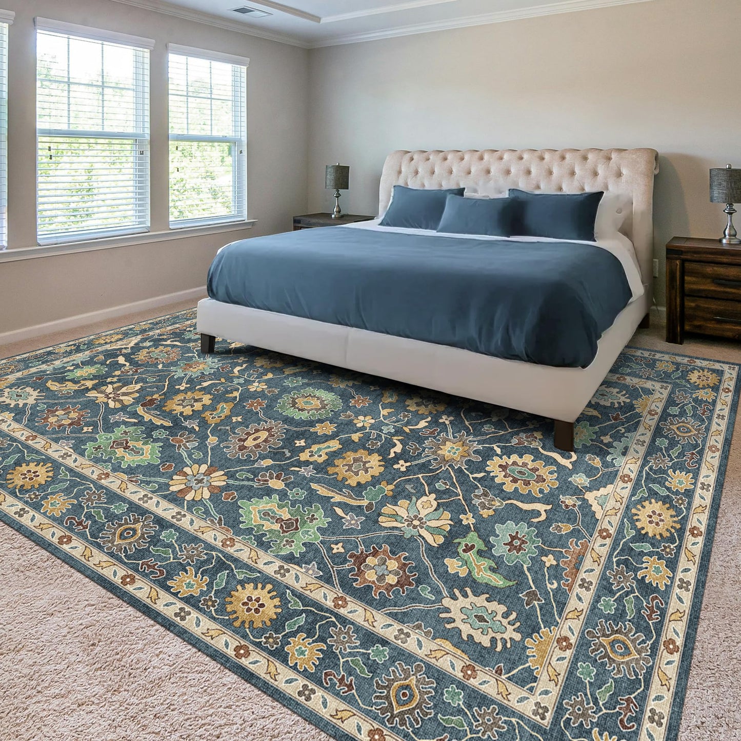 Washable Oushak Area Rug 8x10: Large Modern Turkish Oriental Floral Luxury Carpet for Bedroom Nursery Living Room Dining Home Decor Navy Blue