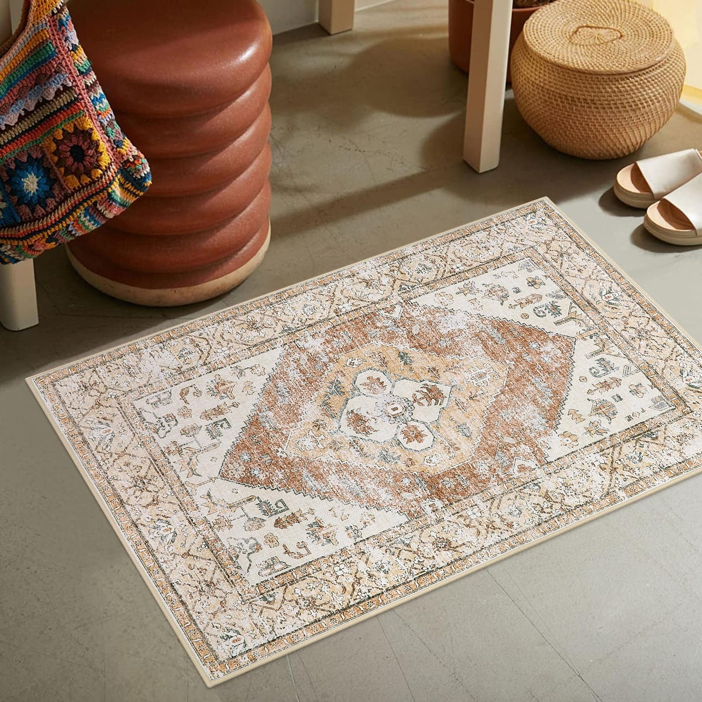 Beeiva Boho Throw 2X3 Entryway Rug, Small Rugs for Bedroom Ultra Thin Non Slip Washable, Small Khaki Carpet Lightweight Indoor Door Mats for Entryway Bedroom