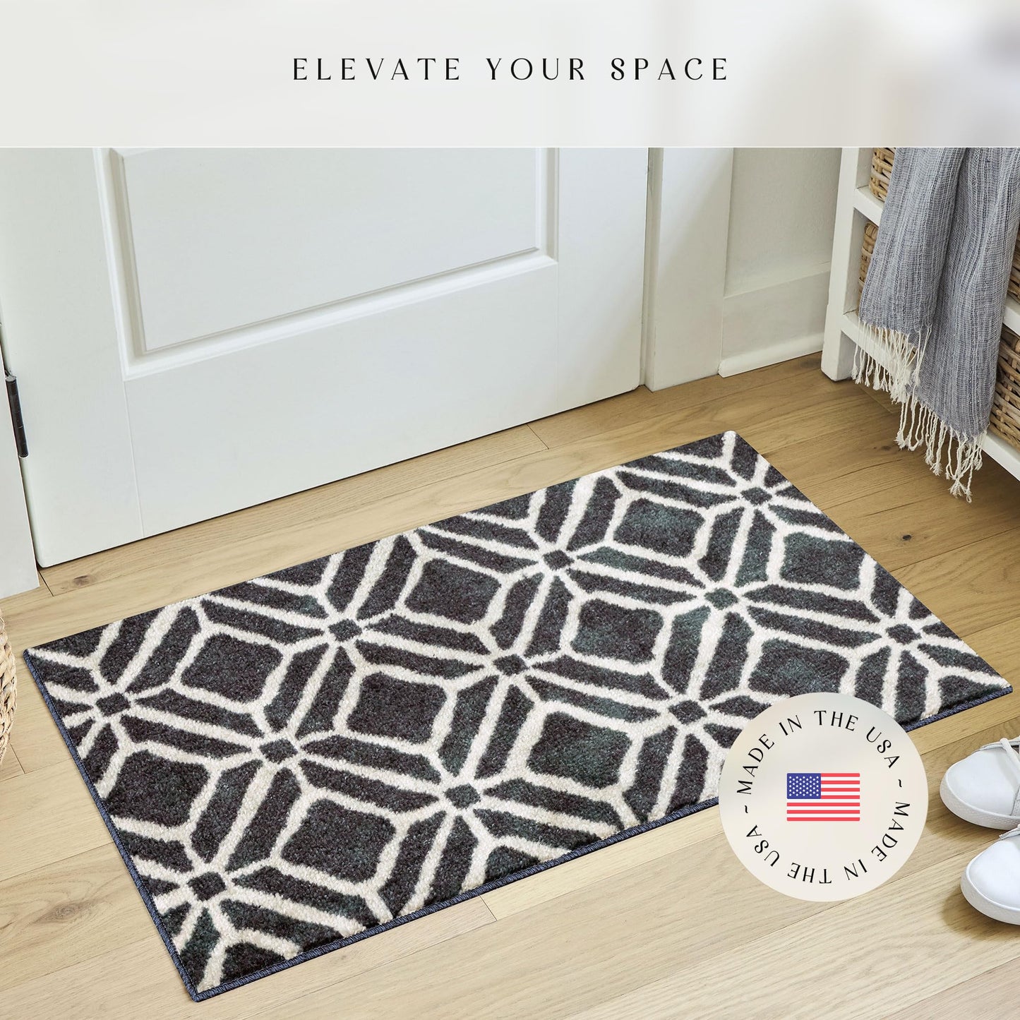 Maples Rugs Moderna Geometric Area Rugs – Made in USA – Washable, Non Slip Indoor Carpet for Entryway, Foyer, Kitchen, and Bathroom, 20" x 34", Dark Blue