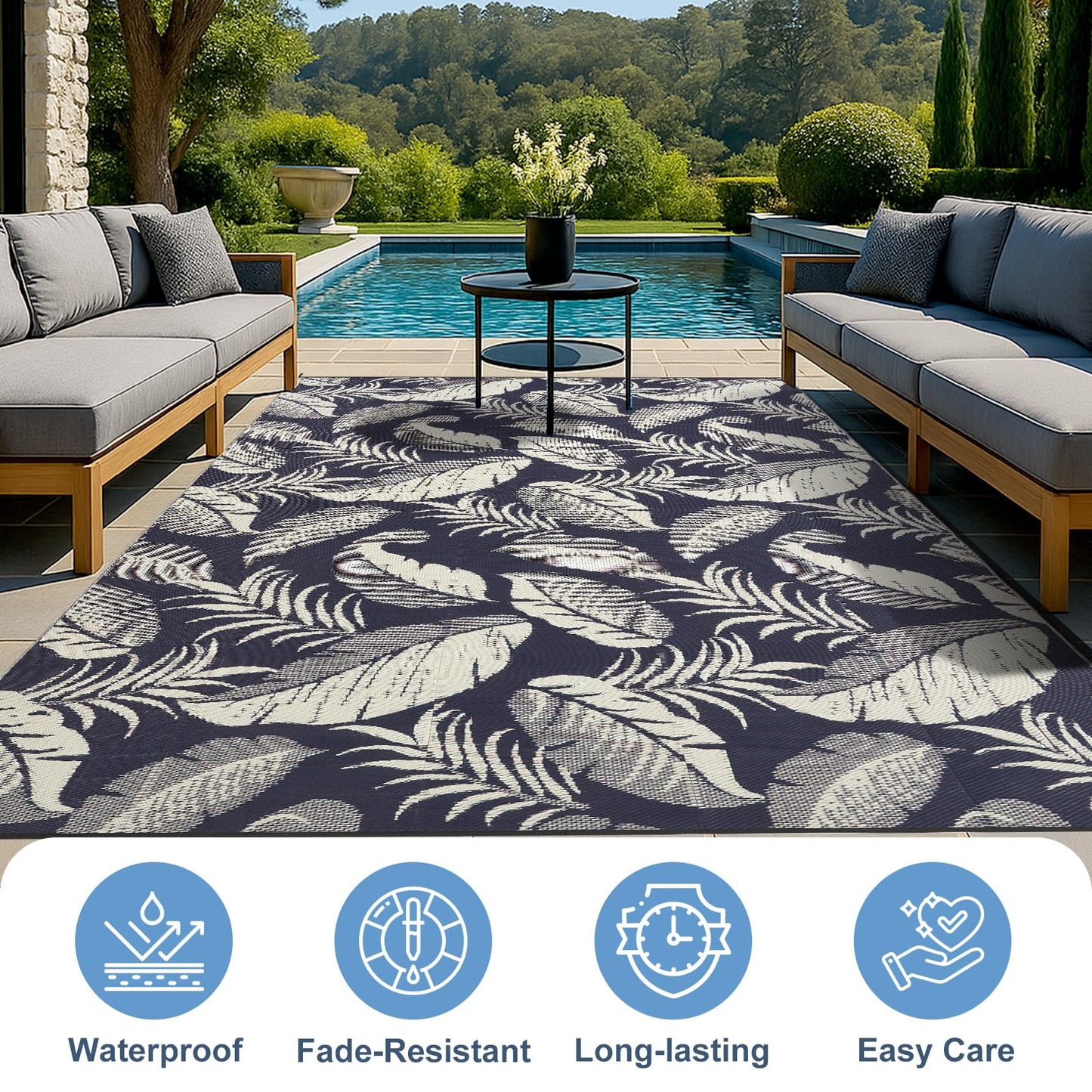 OPPODREAM Reversible Outdoor Rug 5x7, Waterproof Outdoor Plastic Straw Rug for Patio, Tropical Leaf RV Camping Rugs for Outside, Deck, Balcony, Porch, Backyard, Camping, Rv, Navy and Cream White