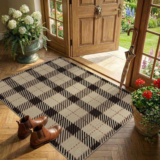 3x4 Entryway Door Mat Indoor – Washable Non Slip Small Rug for Front Door, Kitchen Sink, Mudroom, Garage Entry, Low Profile Easy Clean Farmhouse Plaid Floor Mat