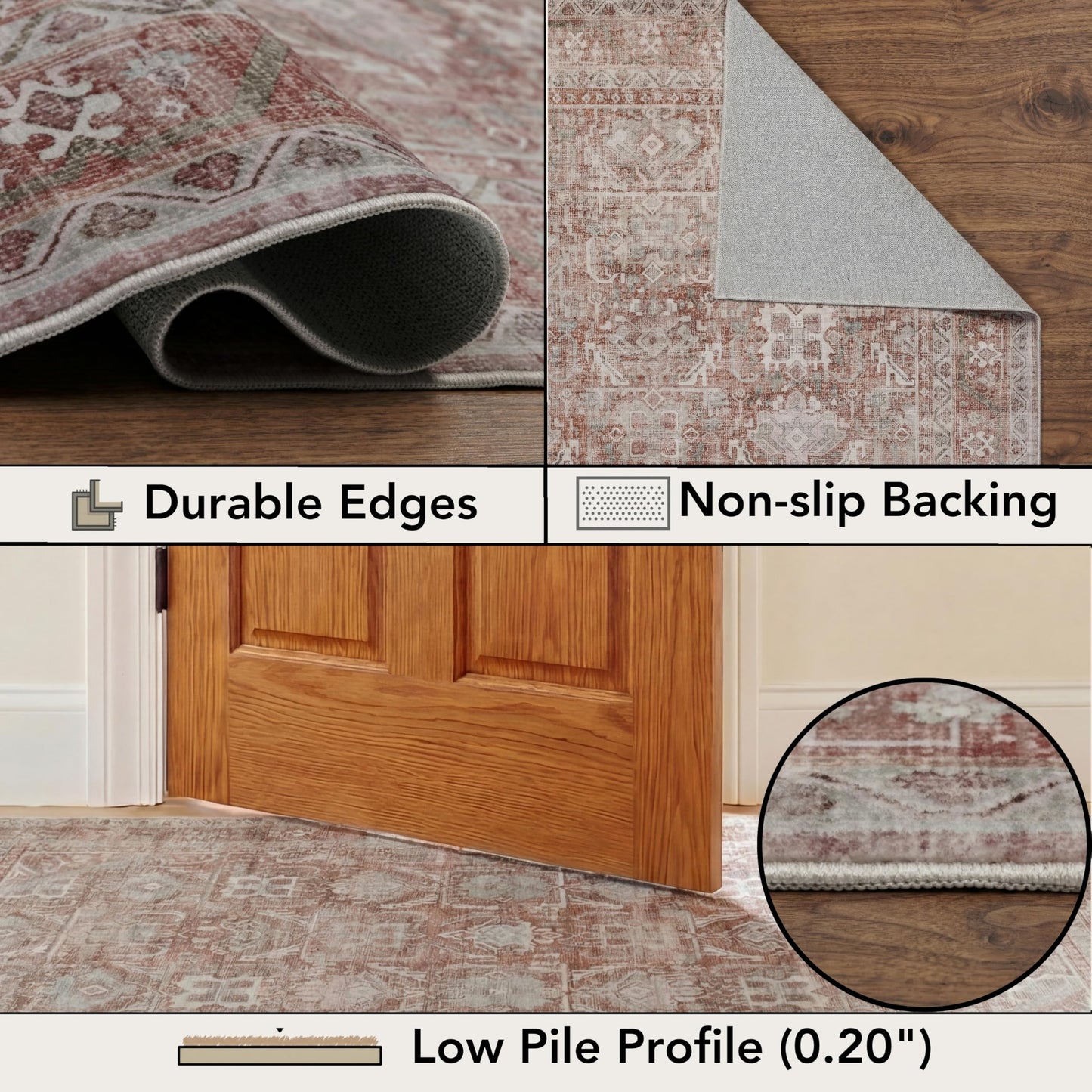 Kuden 4x6 Area Rug, Machine Washable Area Rug with Non-Slip Backing, Vintage Style, Soft, Easy Clean, Low Pile Rug for Living Room, Bedroom, Dining Room