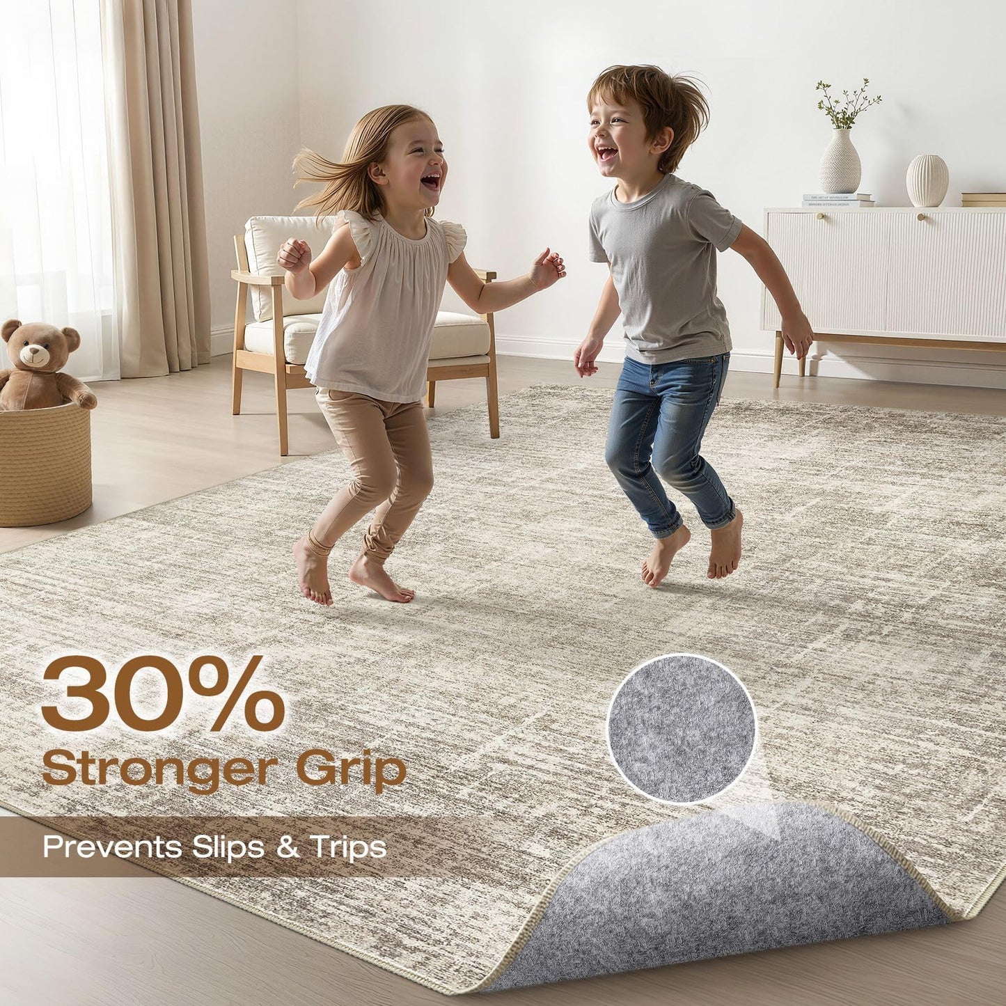 9x12 Area Rug Living Room: Washable Large Neutral Brown Rugs Abstract Soft Modern Stain Resistant Indoor Floor Non-Slip Carpet for Bedroom Nursery Kids Office Playroom Dining Room Under Table Home