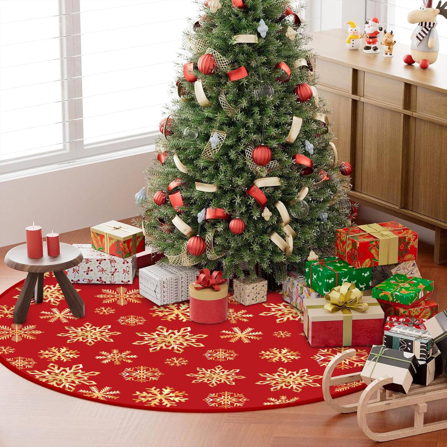 48 Inch Christmas Snowflake Tree Skirt Gold Snowflake Red Christmas Tree Skirt Large Red Round Xmas Trees Mat with Gold Snowflakes for Winter Holiday New Year Party Xmas Trees Home Decor