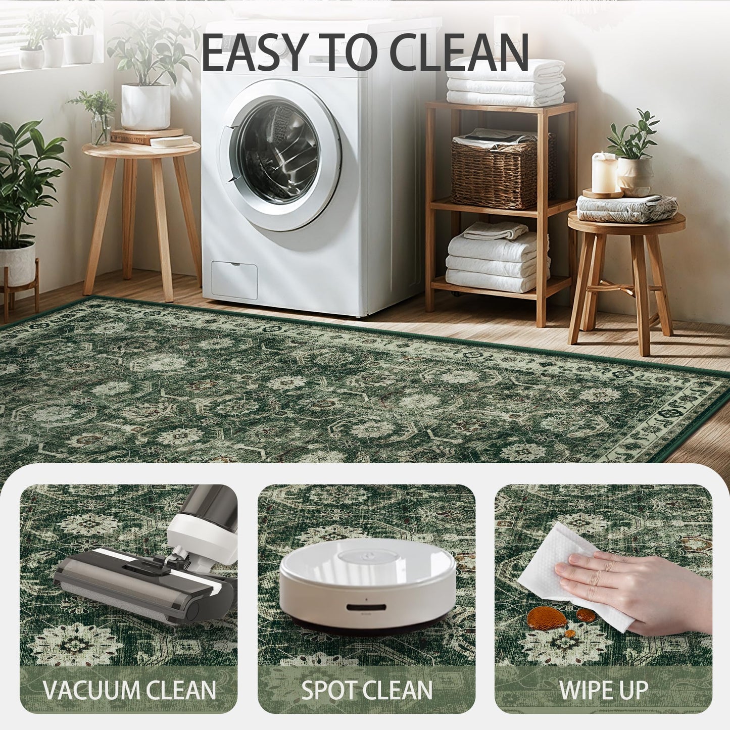 Woodbruy 6x6 Square Area Rug, Soft Non Slip Low Pile Washable Rug, Boho Modern Area Rug for Living Room，Bedroom, Laundry Room, Dark Green/Beige