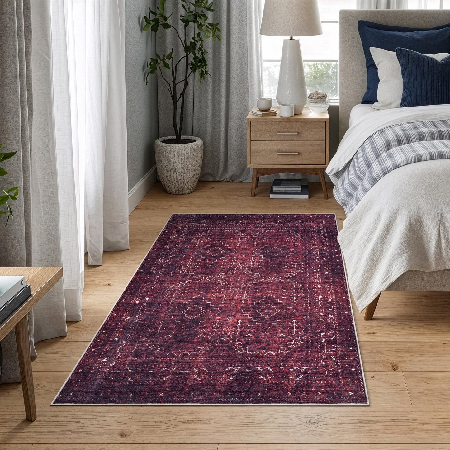 Bloom Rugs Washable Non-Slip 3' x 5' Rug - Dark Red Traditional Bordered Area Rug for Living Room, Bedroom, Dining Room, and Kitchen - Exact Size: 3' x 5'