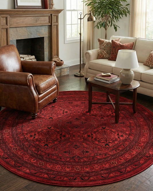 Rugs.com Bokhara Collection Rug – 5 Ft Round Red Medium-Pile Rug Perfect for Kitchens, Dining Rooms