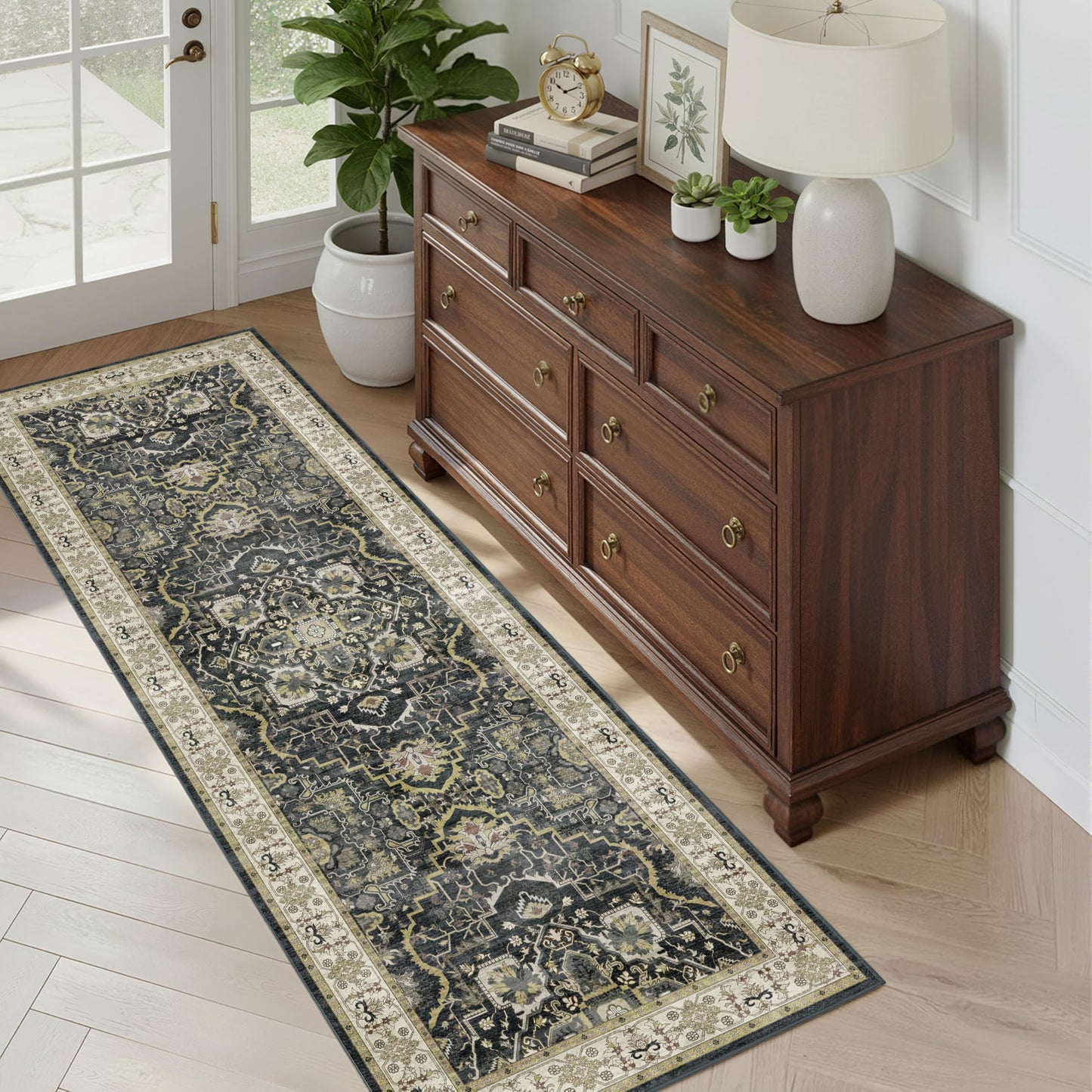 EiniHliw 2x6 Washable Kitchen Runner Rug, Non Slip Vintage Runner Rugs for Hallway, Ultra-Thin Low Pile Distressed Kitchen Rugs Non Skid, Machine Washable Laundry Entryway Indoor Carpet,Black