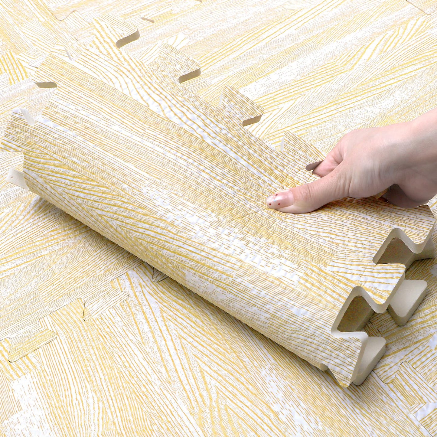 Tebery 16 Pieces Printed Wood Grain Floor Tiles 3/8-Inch Thick EVA Foam Puzzle Floor Mat (White Wood)