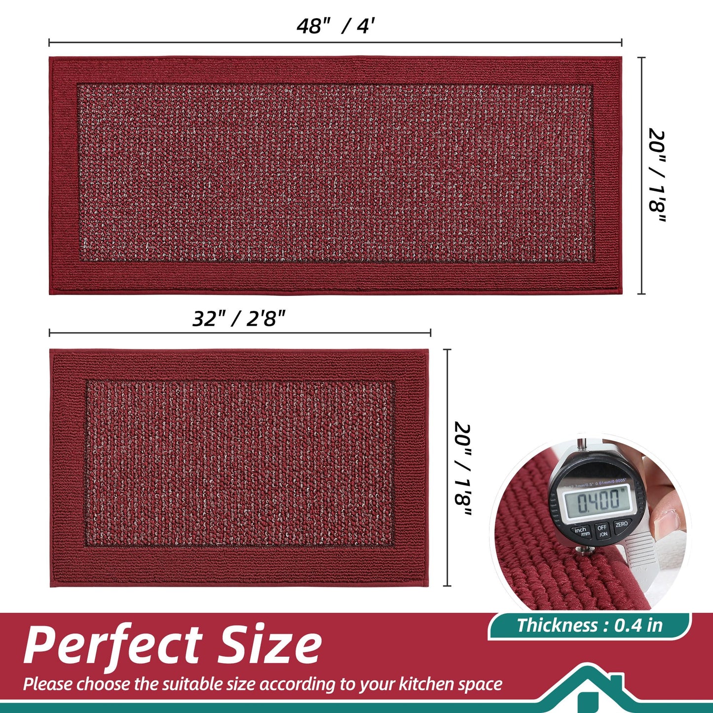 BEQHAUSE Kitchen Rugs and Mats Set of 2 Non-Slip Kitchen Mats for Floor, Absorbent and Stain Resistant Kitchen Runner, Machine Washable Rugs for Kitchen, Laundry & Sink, 20"x32"+20"x48", Red