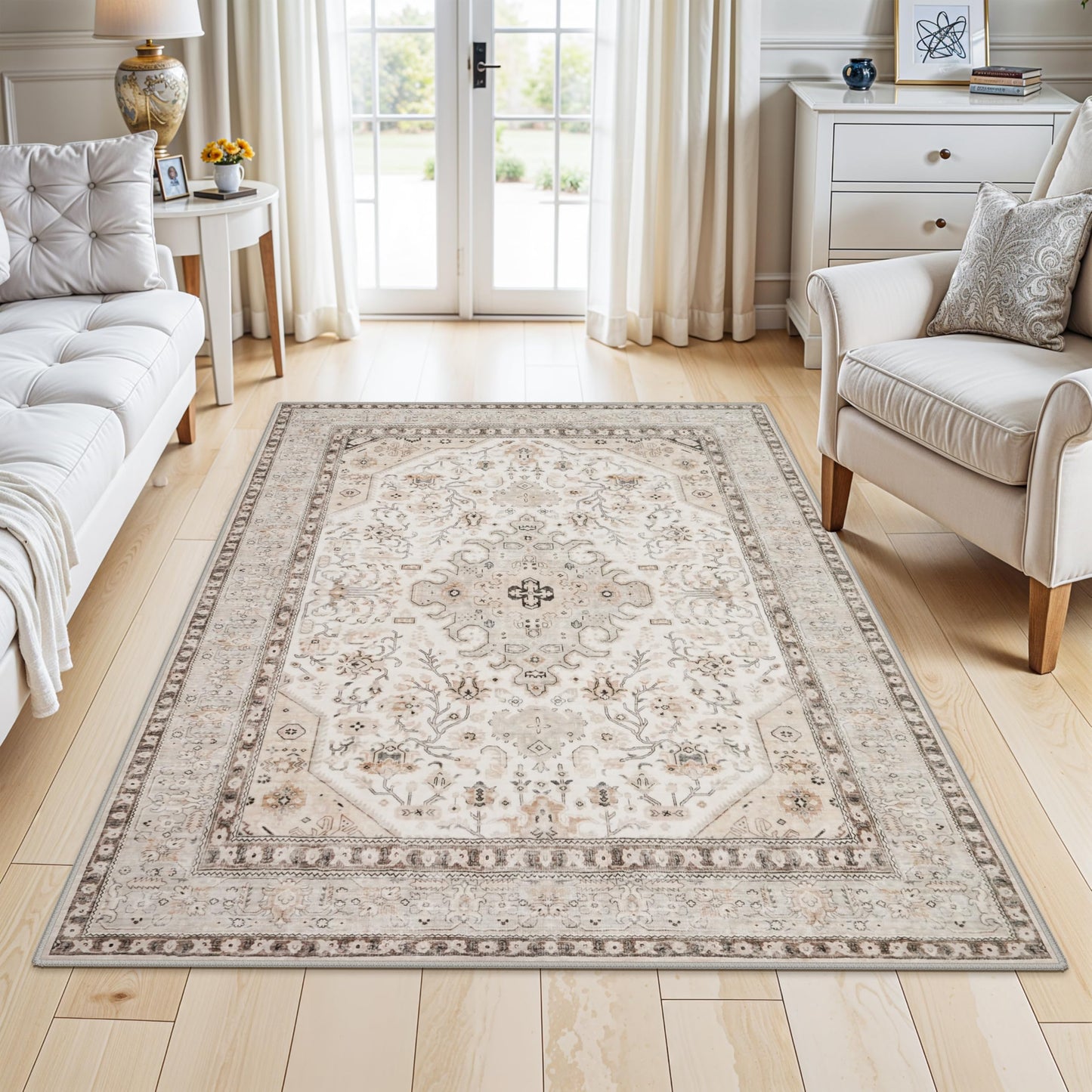 HILORUUG 4x5 Rug Entryway Washable: Non-Slip Oriental Area Rug for Bathroom Kitchen- Farmhouse Low Pile Stain Resistant Carpet Long Thin Front Door Mat (4x5 Ivory/Grey/Multi)
