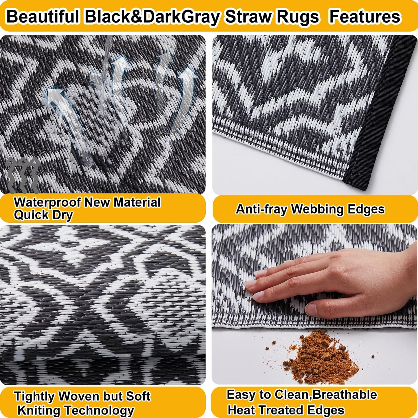 Alfolo Outdoor Rug Waterproof 4x6 Outdoor Mat Small Porch Balcony Rug,Reversible Plastic Straw Rug for Camping Black and White Outdoor Mats for Patio, Deck, RV, Camping, Beach, Backyard