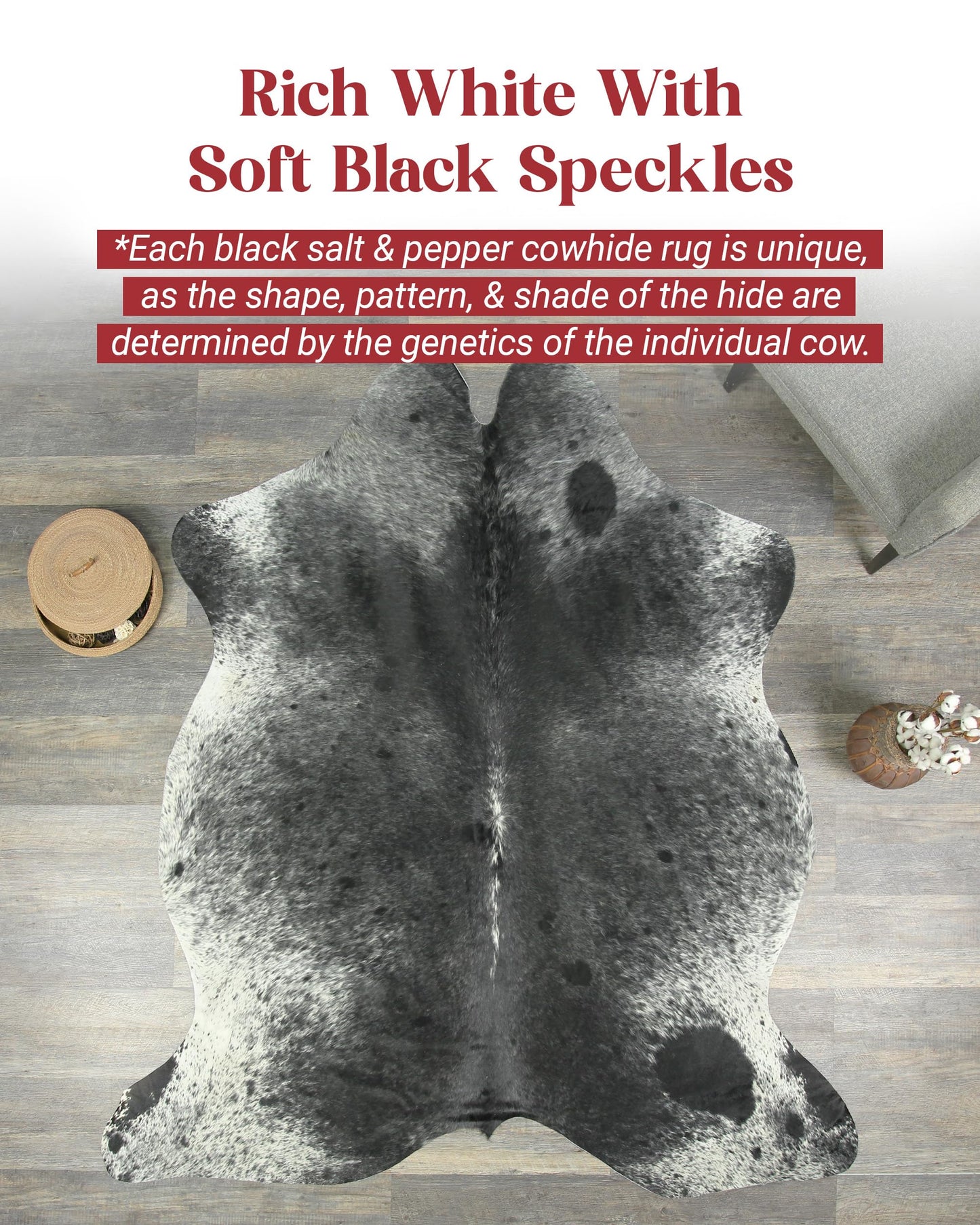 HIDES BAZAAR Black Salt and Pepper Cowhide Rug Premium Black and White Rugs for Living Room & More - Unique Black and White Rug Made Tanned Leather Cow Hides - Cow Hide Rugs 5x7 ft