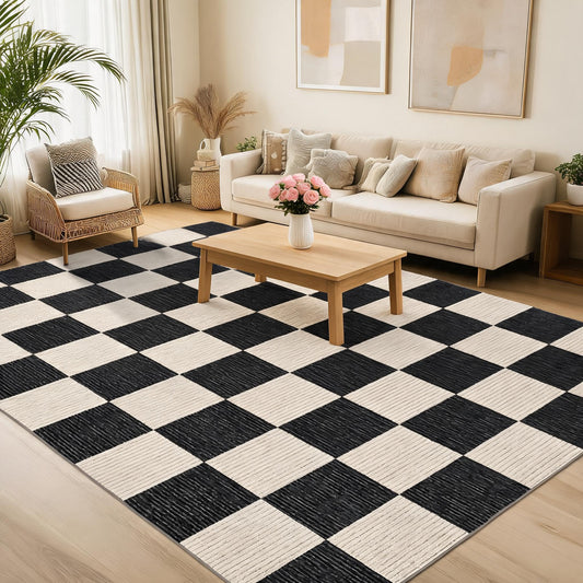 Garvee Modern Checkered Rug 5x7 Area Rugs for Living Room Washable Rugs Bedroom Rug Stain Resistant Non Slip Floor Cover for Dining Room Office Nursery Not Braided, Black