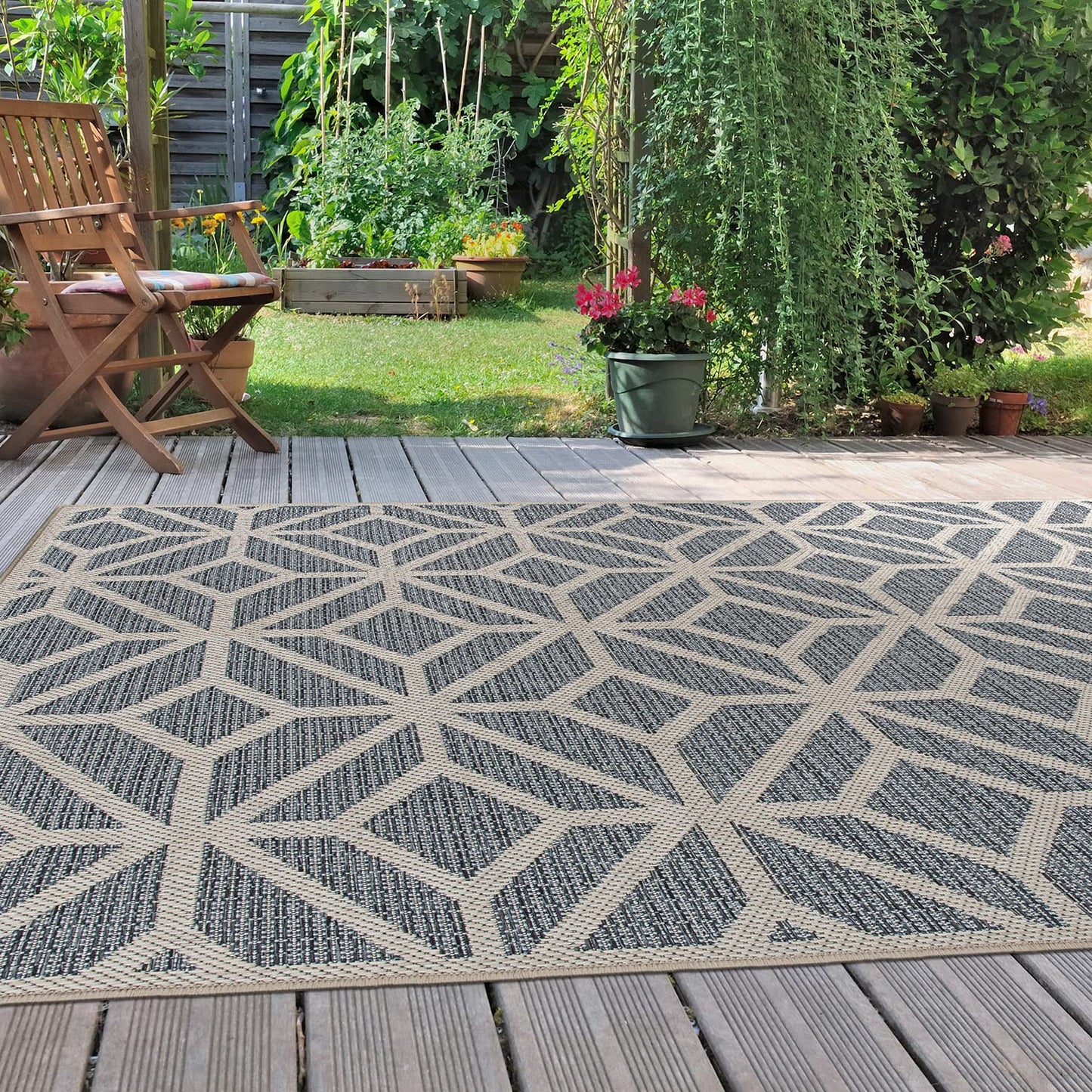 Rugshop Blue Contemporary Geometric Indoor/Outdoor Area Rug — Hose Washable for Living Room, Dining Room and Office, 6'6" x 9'