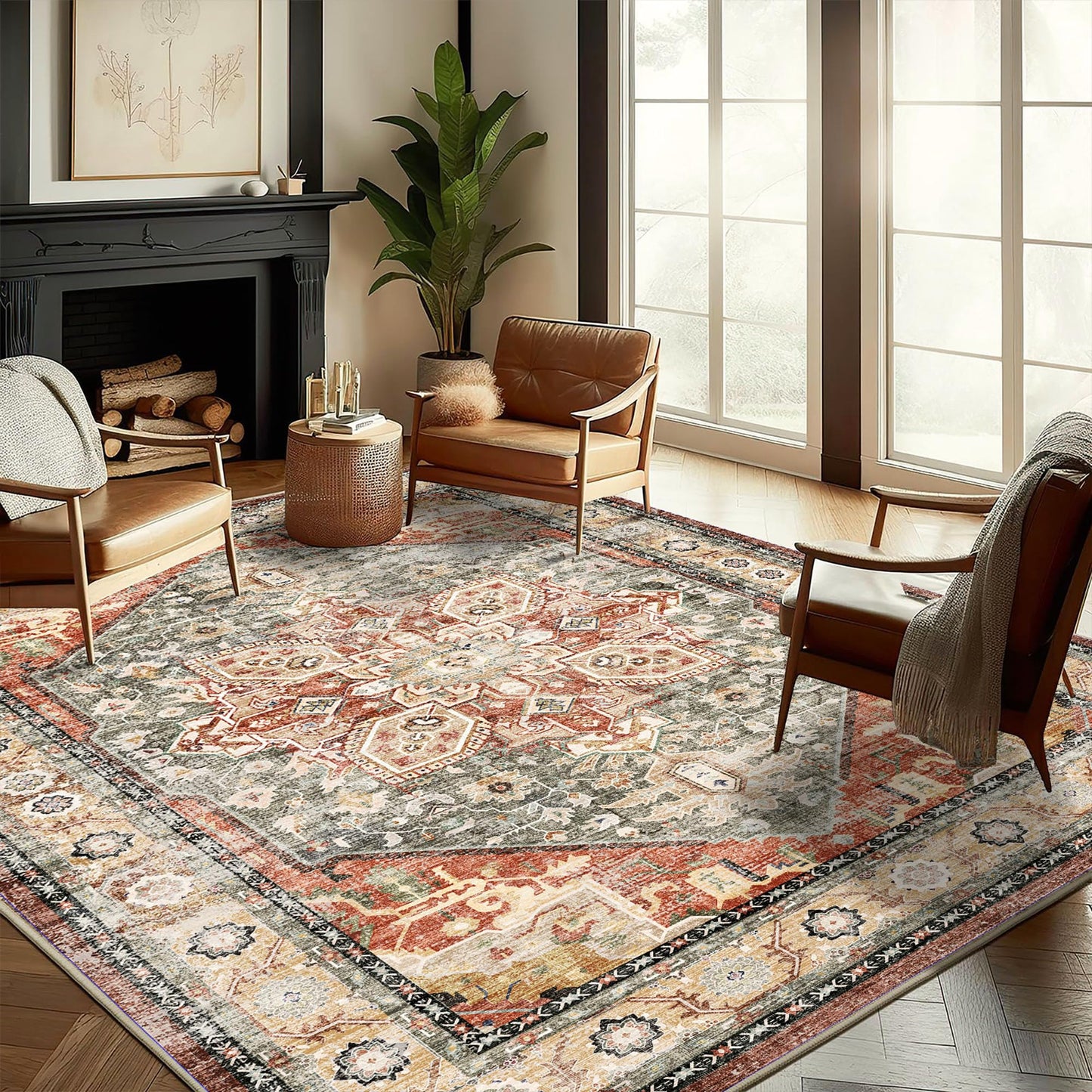 CHAMPLANT Washable Area Rug 9'x12' Red Khaki Retro Flowers Boho Design Non-Shedding Easy Care Ideal for High Traffic Areas in Living Room Bedroom Office Coffee Table Kitchen Large Carpet