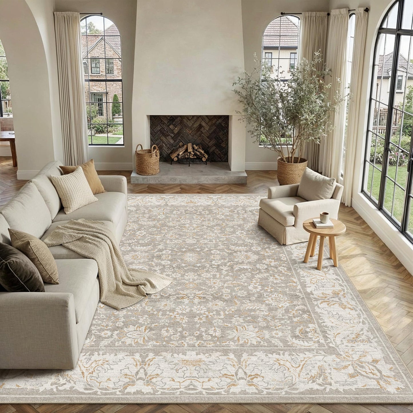 WondRg 8x10 Washable Area Rug for Living Room Bedroom Taupe Low Pile Non Slip Rug Neutral Distressed Carpet Dining Room Classroom Playroom Home Decor