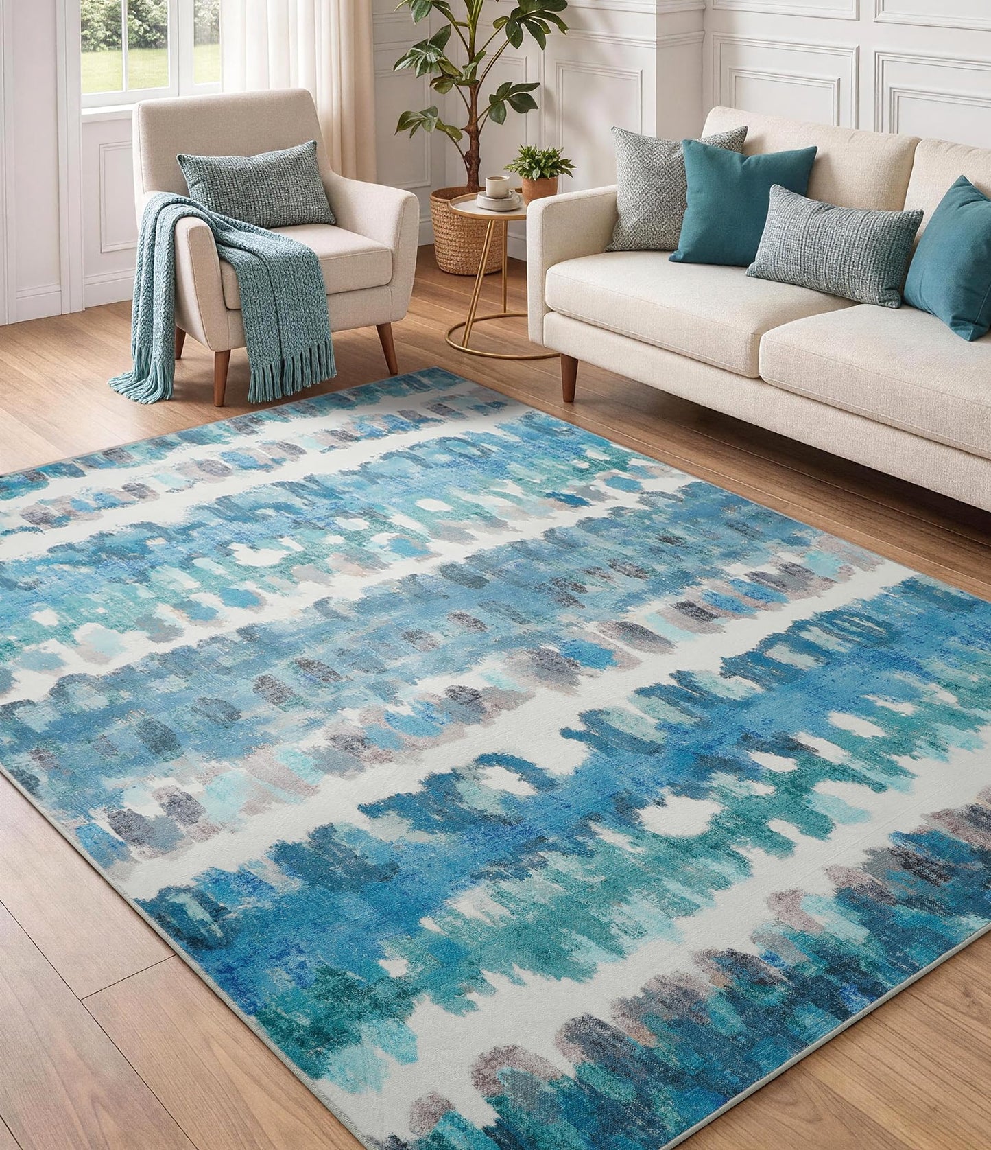 YIHOUSE Abstract Area Rug 5x7, Washable Blue Rugs for Living Room, Non-Slip Backing, Low-Pile Soft Modern Rug for Bedroom, Dining Room, Office, Nursery