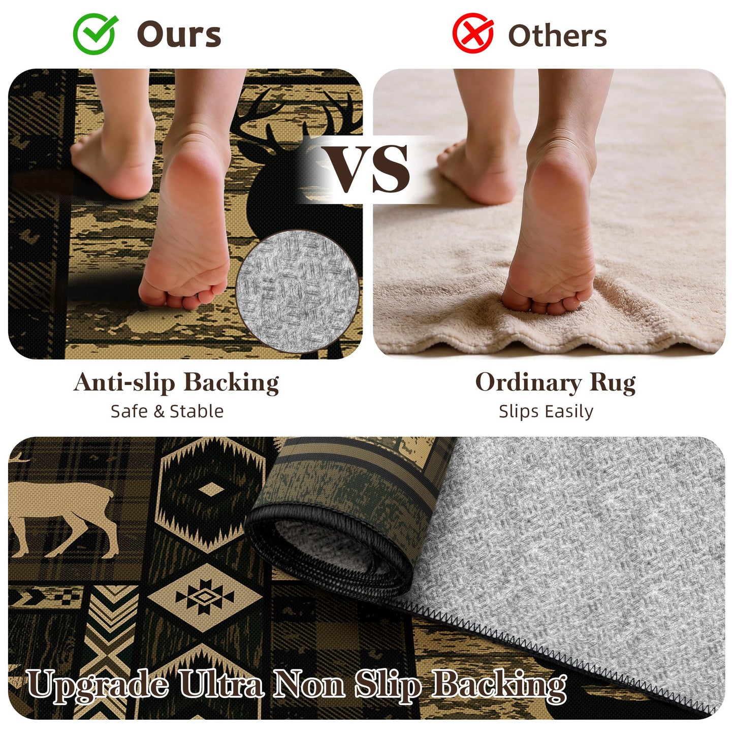 Rustic Cabin Living Room Rug 5x7, Washable Upgrade Non-Slip Animal Bear Deer Wildlife Print Pattern Area Rugs Low Pile Ultra-Thin Lodge Hunting Carpet for Bedroom, Dining Room, Office, Walnut Brown