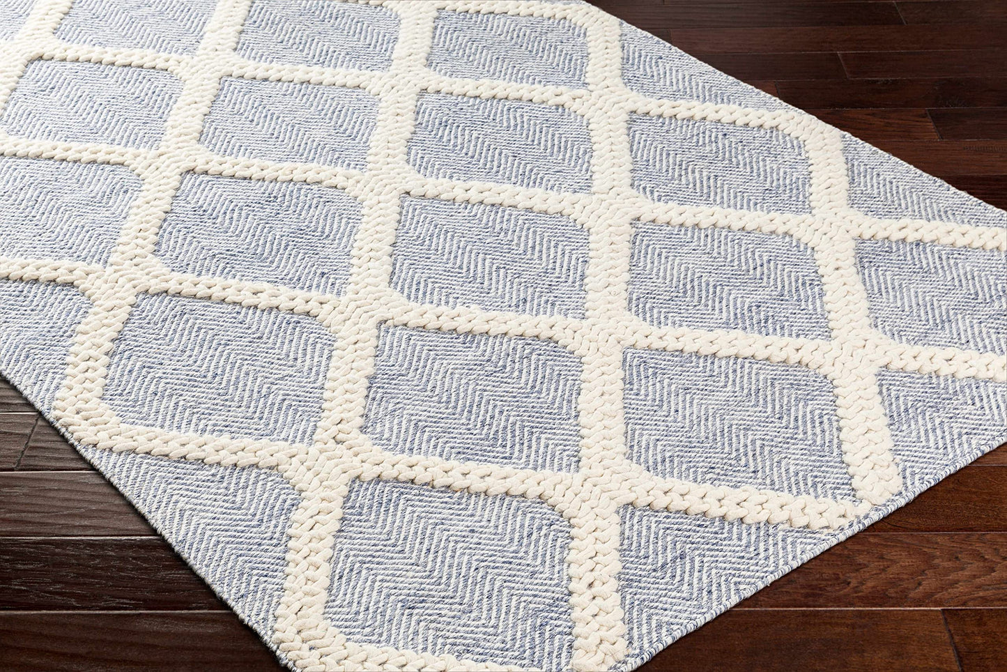 Hauteloom Ecolux Recycled Material Living Room, Bedroom Area Rug - Geometric Diamond Trellis Lattice Herringbone - Contemporary Scandinavian Modern Minimalist Nordic - Blue, Cream, Light - 27" x 45"