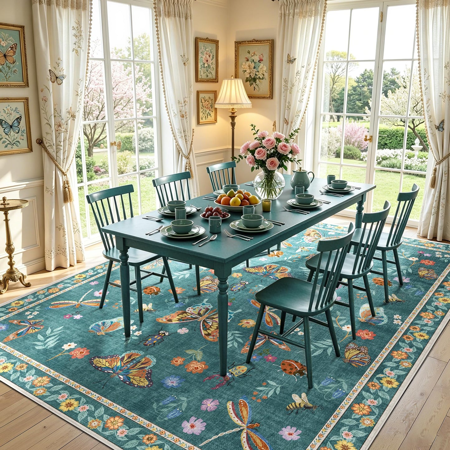 AIMPEAK Insect Washable Rugs 8x10 Teal, Soft Butterfly 8x10 Area Rugs for Living Room Indoor, Non Slip Bug Bedroom Rug Under Bed Thin Large Carpet with Flowers for Dining Room Office Playroom