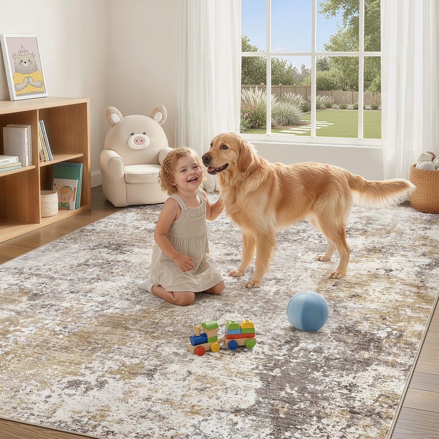 Nakagishi 9X12 Area Rugs for Living Room: Washable Modern Abstract Rug with Non-Slip Silicone Backing Low Pile Soft Carpet for Bedroom & Dining Decor Ideal for Families with Kids and Pets-Brown