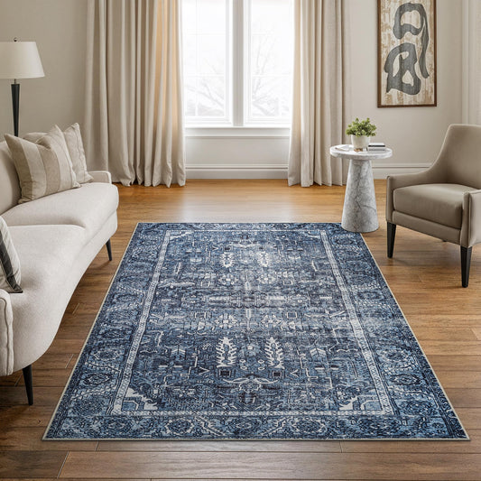 Bloom Rugs Washable Non-Slip 5' x 7' Rug - Blue Traditional Area Rug for Living Room, Bedroom, Dining Room, and Kitchen - Exact Size: 5' x 7'