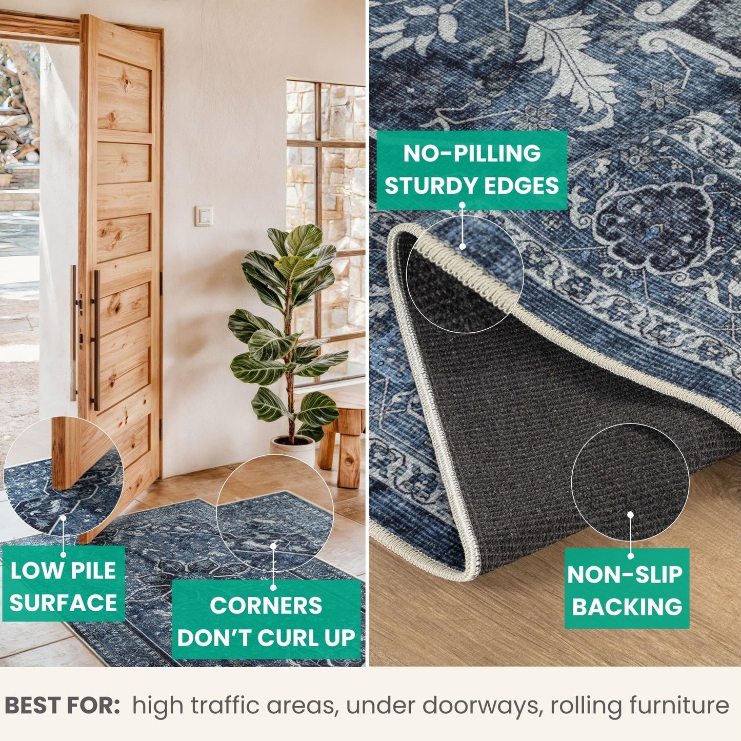 Bloom Rugs Caria Washable Non-Slip 4x6 Rug - Blue/Charcoal Traditional Area Rug for Living Room, Bedroom, Dining Room, and Kitchen - Exact Size: 4' x 6'