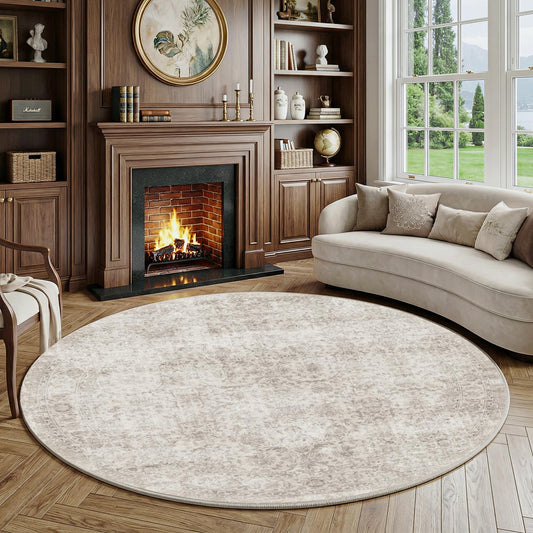 FMFUNCTEX 8ft Round Washable Area Rug Beige Vintage Neutral Distressed Large Non Slip Carpet for Living Room Bedroom Soft Low Pile Indoor Mat Retro Floral Throw Rug for Dining Kitchen Office Nursery