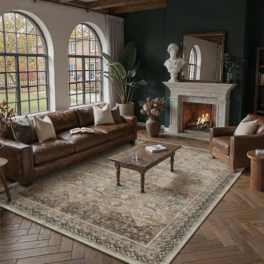 HUGEAR 8x10 Area Rugs Retro Brown Washable Rug for Living Room Large Vintage Boho Bedroom Rug No Shedding Soft Durable Low Pile Carpet Non Slip Indoor Home Decor Floor Mat
