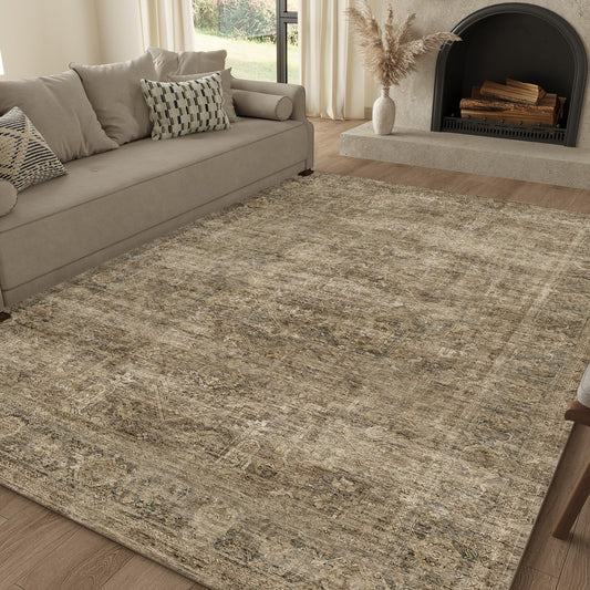 FMFUNCTEX 5x7 Washable Area Rug Neutral Vintage Brown Distressed Non Slip Low Pile Traditional Indoor Carpet for Living Room Bedroom Soft Retro Mat Throw Rug for Dining Office Kitchen Dorm Entryway