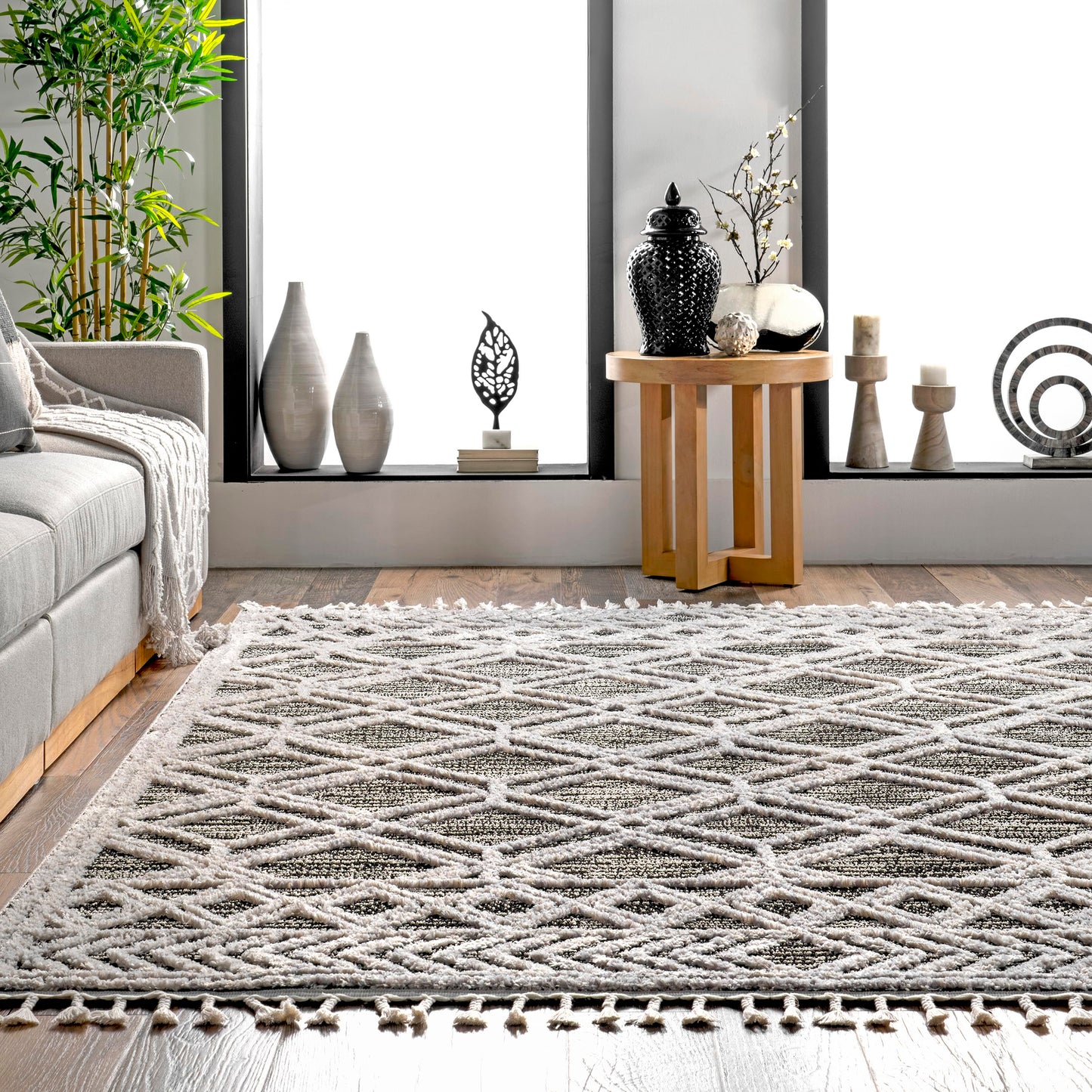 nuLOOM 8x11 Ansley Moroccan Tassel Area Rug, Grey, High-Low Textured Bohemian Design, Plush High Pile, Stain Resistant, For Bedroom, Living Room, Hallway, Entryway