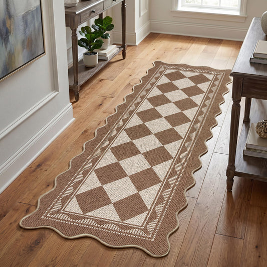 Garvee Easy Jute 2x6 Scalloped Border Kitchen Rugs Non Slip Indoor Outdoor Washable Rugs for Living Room Low Pile Floor Cover for Entryway Stain Resistant Indoor Carpet for Hallway，Brown