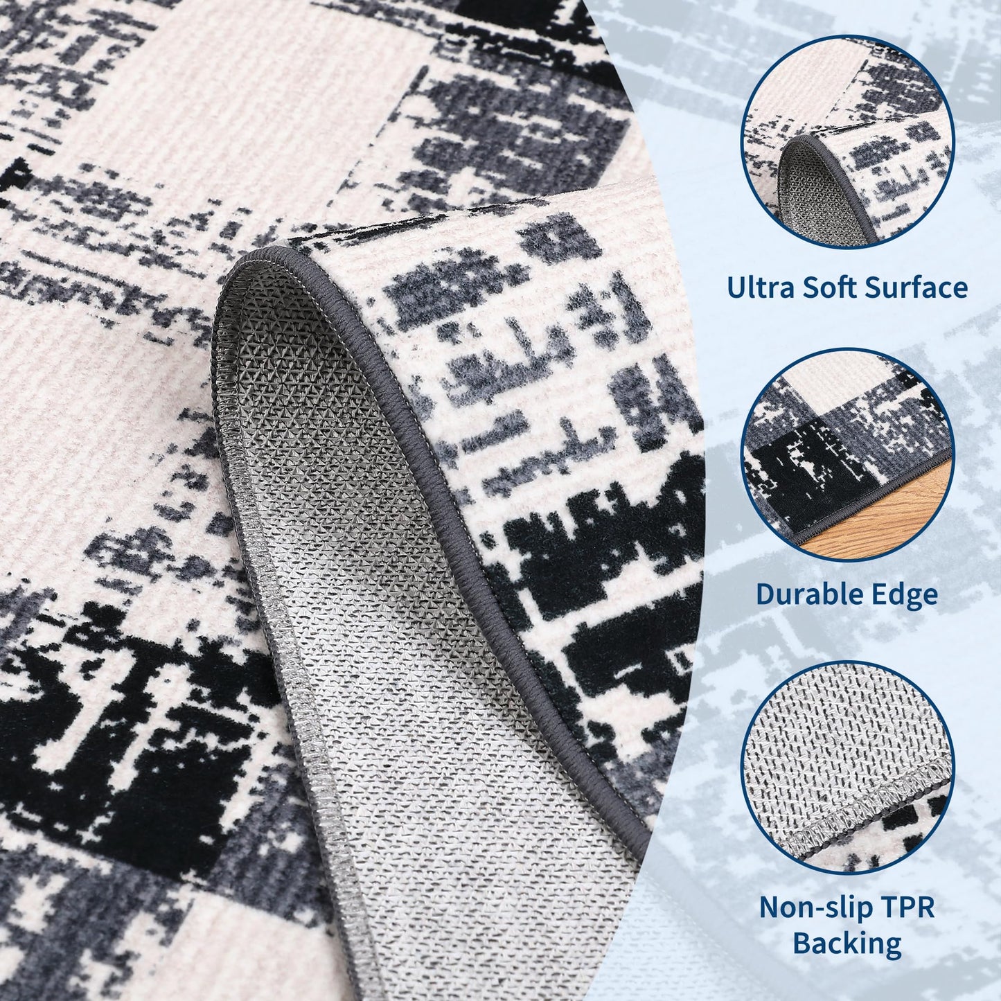 Garvee 9x12 Checkered Area Rug, Washable Modern Geometric Rug, Non Slip Low Pile Soft Carpet for Bedroom, Living Room, Dining Room, Black
