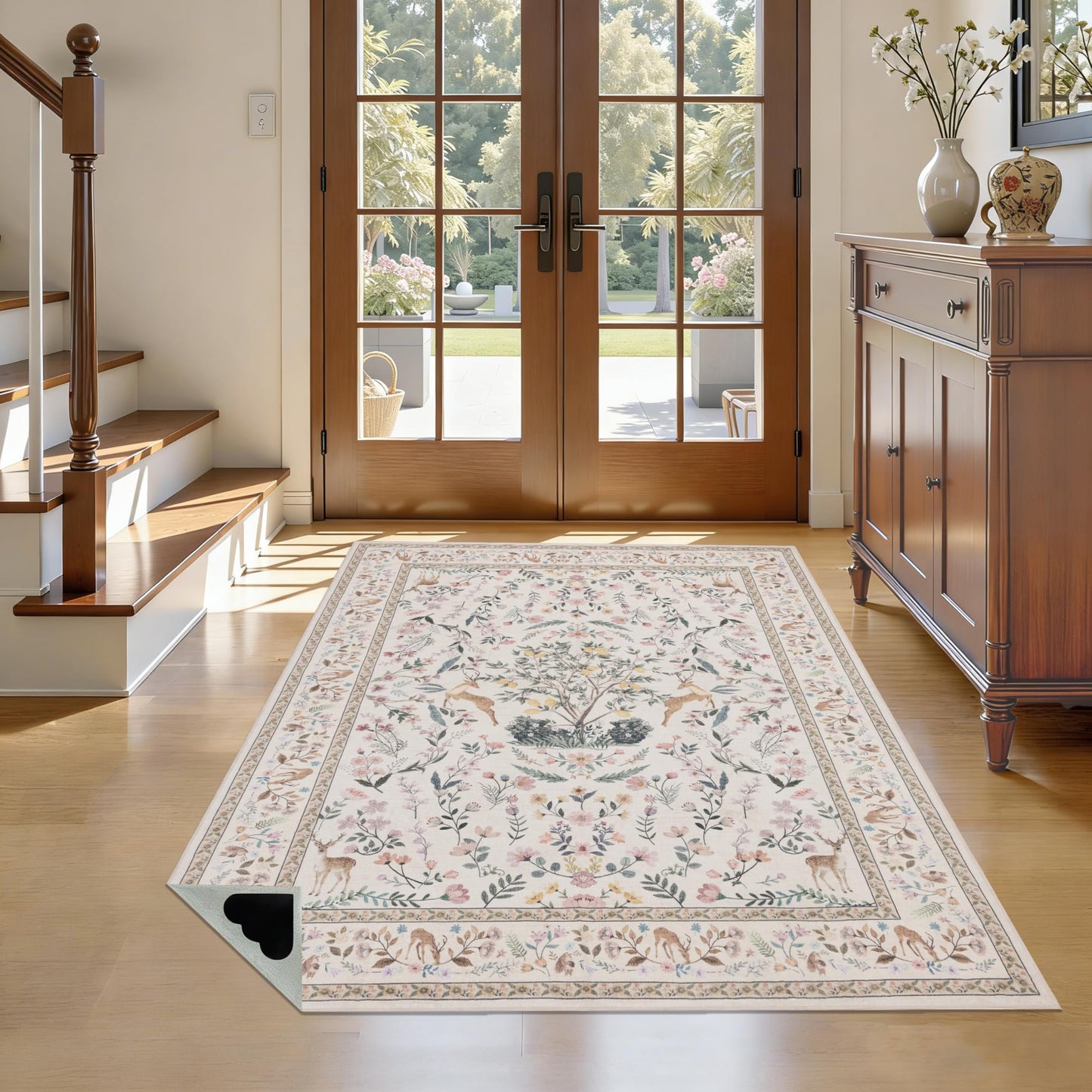 4x6 Area Rugs, Floral Washable Rugs with Non-Slip Backing, Low Pile Soft Carpet for Nursery, Living Room, Bedroom, Kids Room, Home Office, Farmhouse, Beige Green