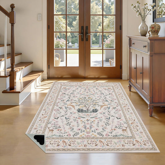 4x6 Area Rugs, Floral Washable Rugs with Non-Slip Backing, Low Pile Soft Carpet for Nursery, Living Room, Bedroom, Kids Room, Home Office, Farmhouse, Beige Green