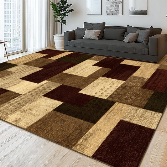 QDUIDU Modern Geometric Patchwork Indoor Area Rug for Living Room, Red 5x7 Large Rug Rockwood Collection Hardwood Floors Decor for Bedroom, Burgundy Throw Carpet for Office Entryway Dining Room