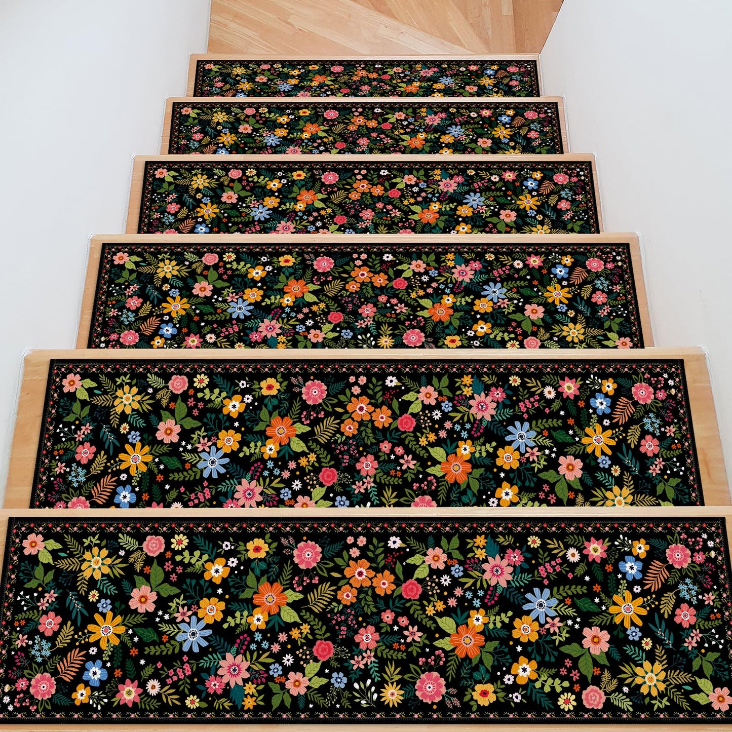 InIsaJace Floral Stair Treads for Wooden Steps, 15 Pack Black Stair Runners Non Slip Indoor 8" X 30", Washable Carpet Rugs with Silicone Backing for Kids Elders and Dogs