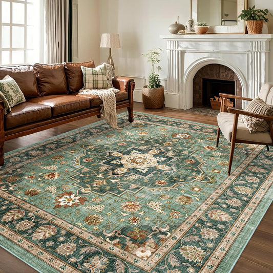 8x10 Area Rugs for Living Room: Washable Indoor Oriental Rug for Bedroom Dining Room - Ultra Soft Low Pile O.24inch Thin Easy Clean Floor Carpet with Rubber Backing - Vinatge Home Decor- Forest Green
