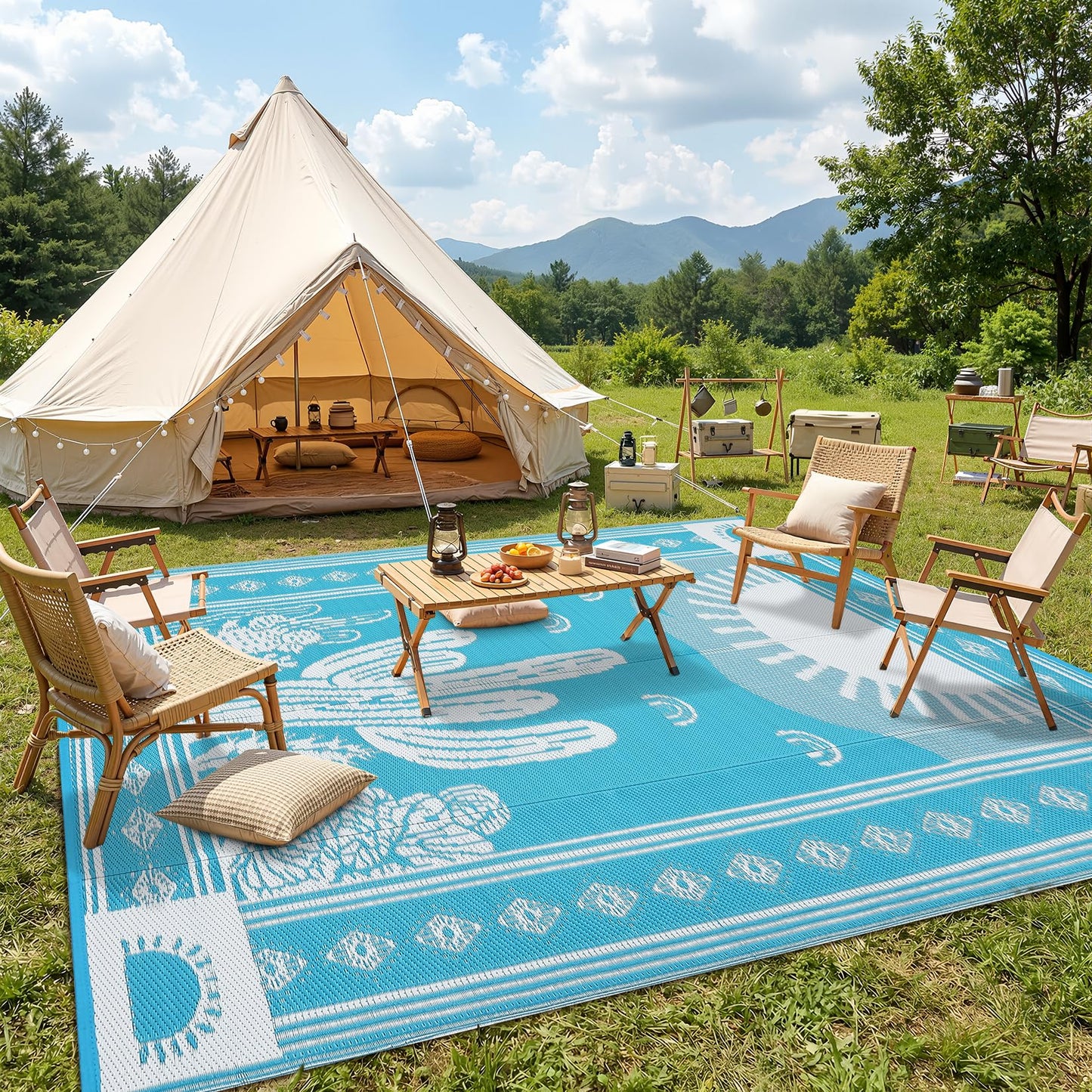 Garvee Waterproof Outdoor Rug 5x8, Cactus Botanical Outdoor Plastic Straw Rug for Camping, Reversible RV Mat Outside, Indoor Outdoor Carpet for Porch, Deck, Backyard, Balcony, Teal Blue