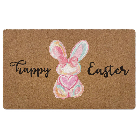 XLDLIOO Happy Easter Bunny Door Mat Doormat, Preppy Pink Bow Rabbit Welcome Front Door Mat Indoor Outdoor Entrance, Easter Bunny Artificial Coir Doormats Rugs for Porch Entryway Home Decor 30x17in