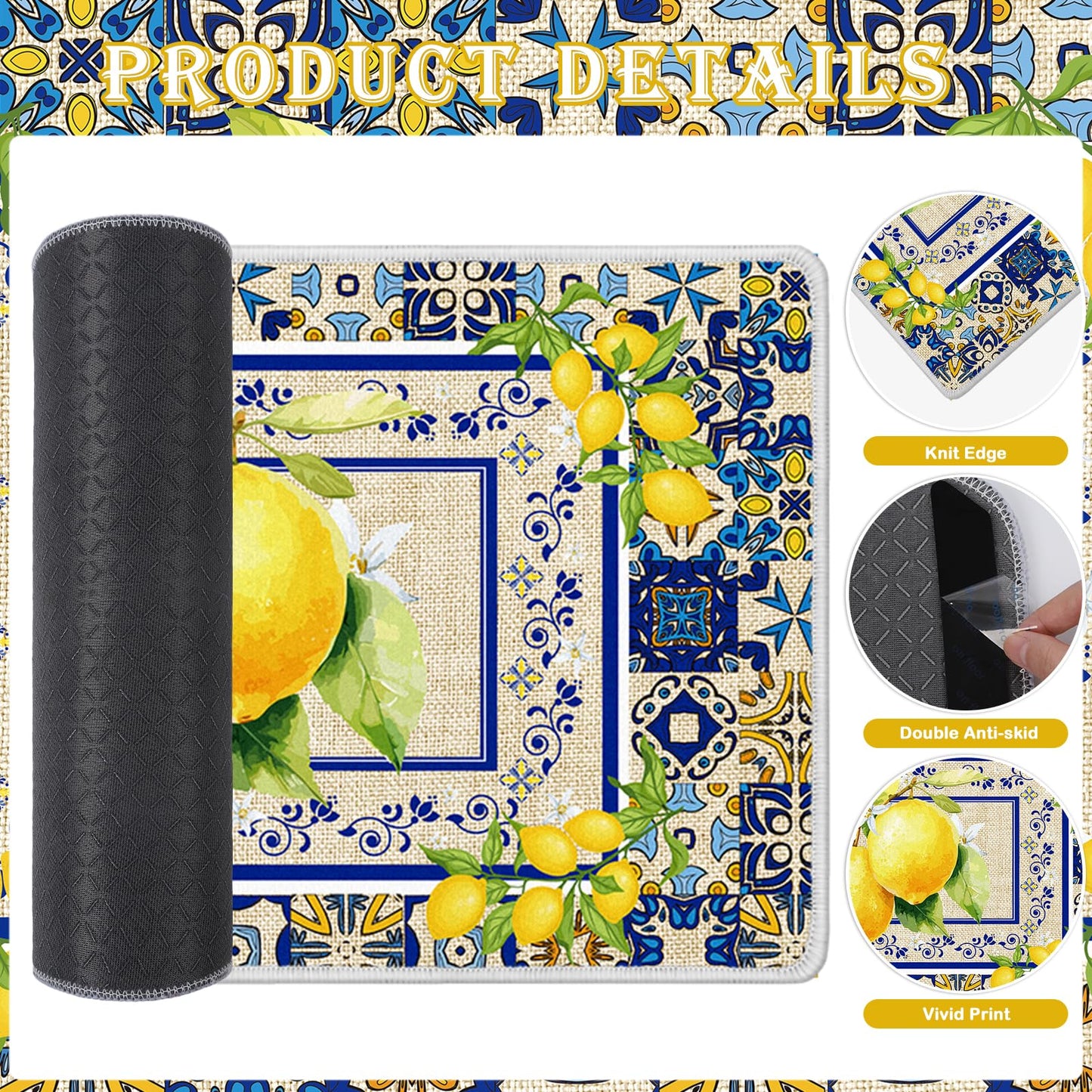 InIsaJace Lemon Kitchen Mats Set of 2, Mediterranean Kitchen Rugs Non Slip for Floor, Amalfi Coast Decor Yellow and Blue Decorative Rug for Home (16x28 +16x47 Inches)