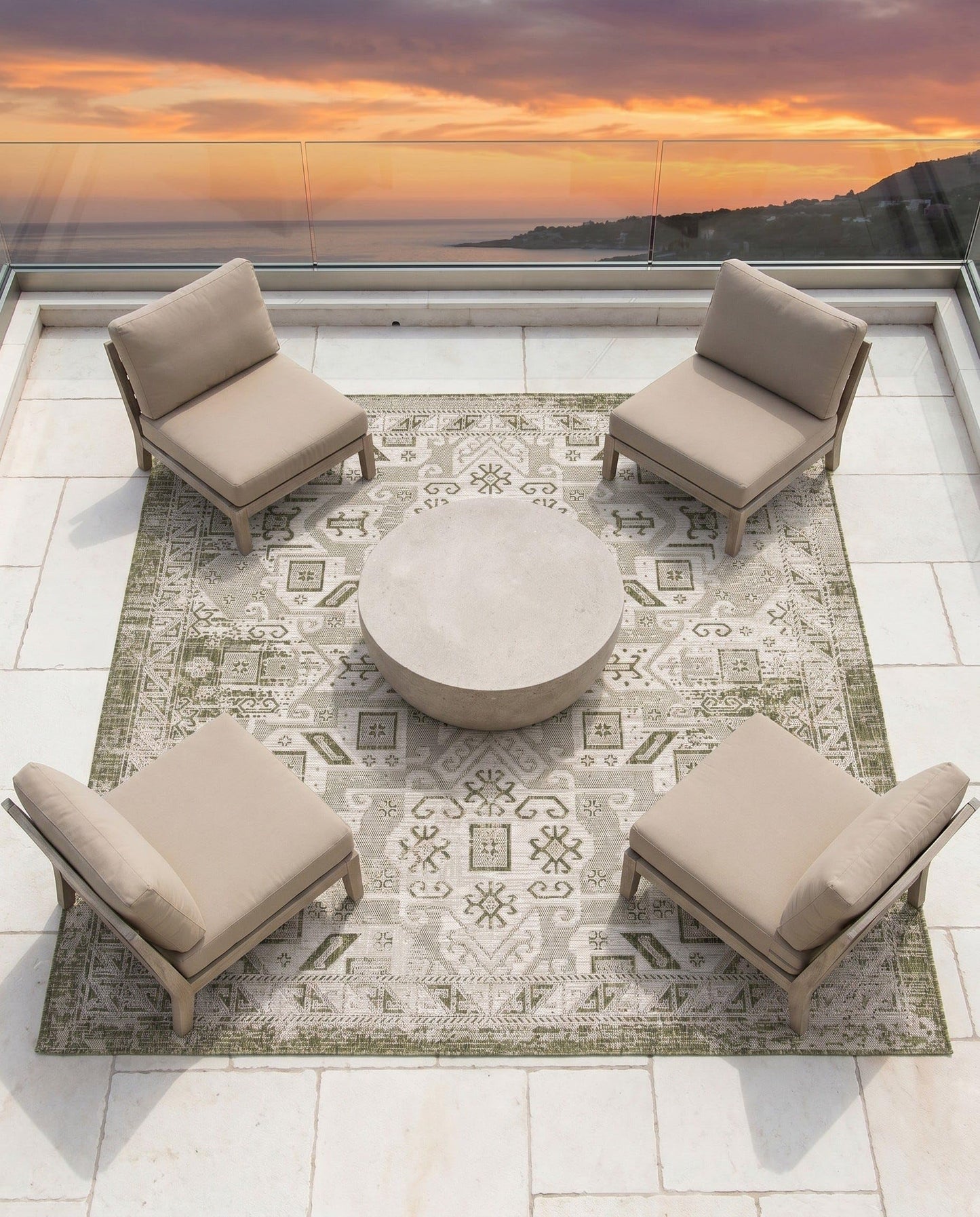 Rugs.com - Outdoor Aztec Rug – 8 Ft Square Green Indoor/Outdoor Rug – Washable Flatweave Area Rug for Patios, Decks, and Porches
